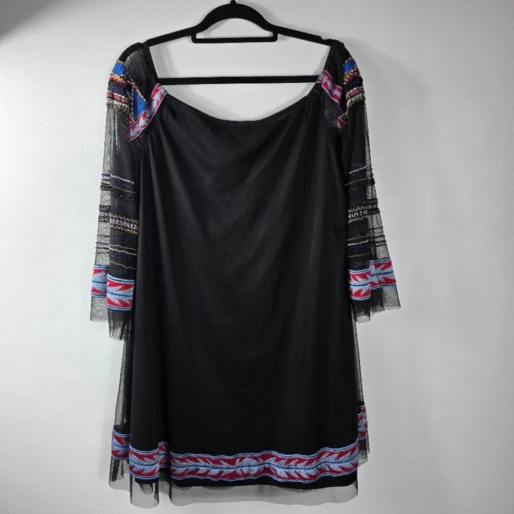 Vintage Collection Black Mesh Embroidered Beaded Square Neck Bell Sleeve Dress M